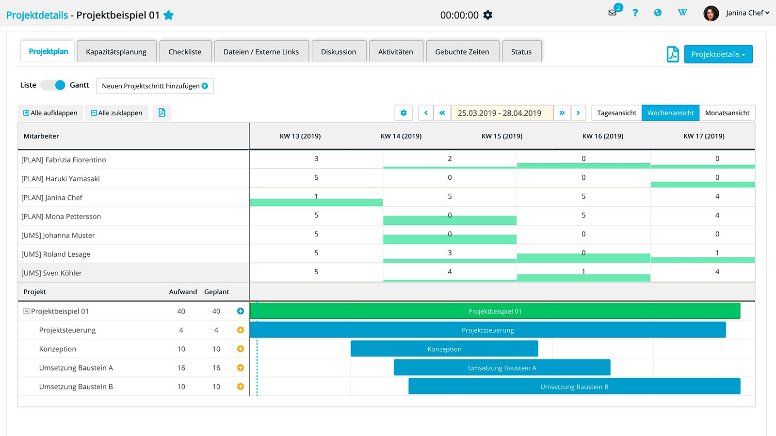 Projektübersicht mit IMPIRIA in der Gantt-Ansicht inkl. Kapazitätsplanung